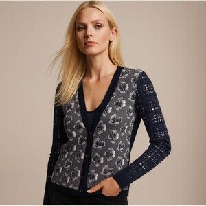 Tory Burch Cardigan Sweater Size S Purple Pansy Floral Plaid Merino Wool V-Neck